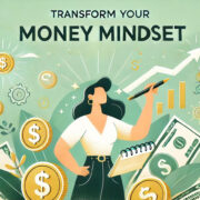 Illustration of a confident woman holding a pen surrounded by financial symbols, such as dollar signs, coins, and growth charts, with the text ‘Transform Your Money Mindset’ representing financial empowerment and mindset transformation.