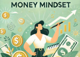 Illustration of a confident woman holding a pen surrounded by financial symbols, such as dollar signs, coins, and growth charts, with the text ‘Transform Your Money Mindset’ representing financial empowerment and mindset transformation.