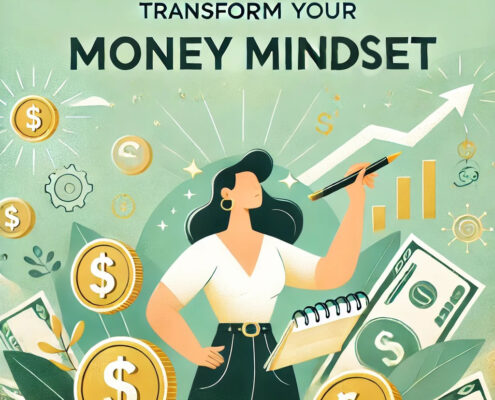 Illustration of a confident woman holding a pen surrounded by financial symbols, such as dollar signs, coins, and growth charts, with the text ‘Transform Your Money Mindset’ representing financial empowerment and mindset transformation.