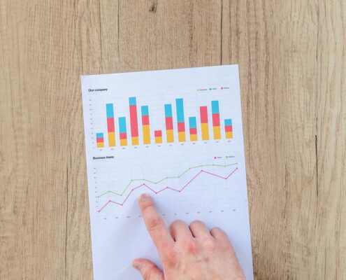 A hand points to a printed financial report showing colorful bar and line graphs representing company performance metrics like sales, receipts, and orders—symbolizing the measurable ROI of life coaching and personal growth.
