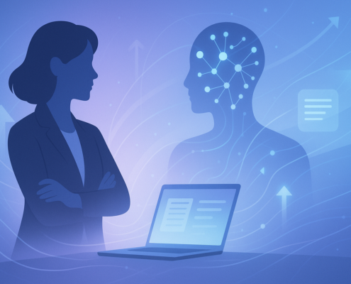 AI and the future of coaching illustration showing a coach working with artificial intelligence to build leverage and avoid burnout